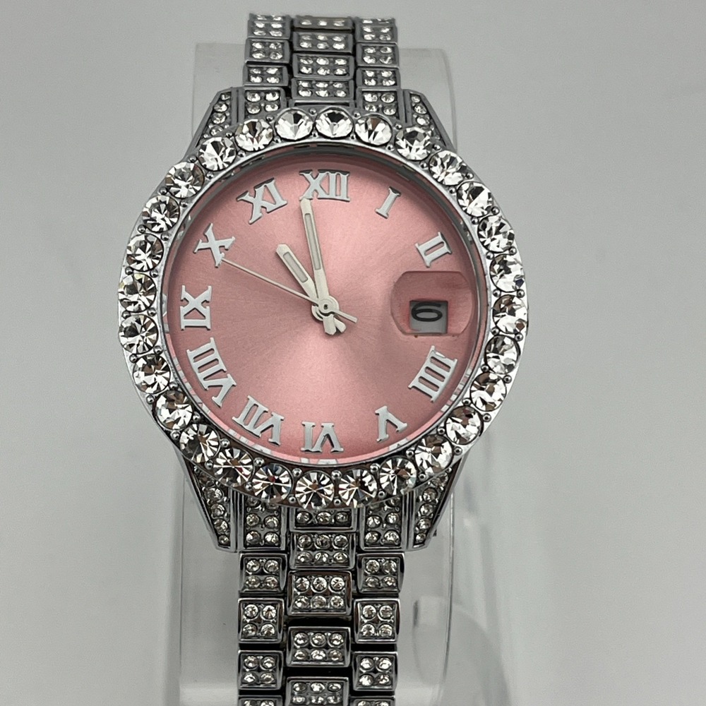 Women's Crystal Accent Watch 35mm Case Pink Dial 6.75" Band- New Battery